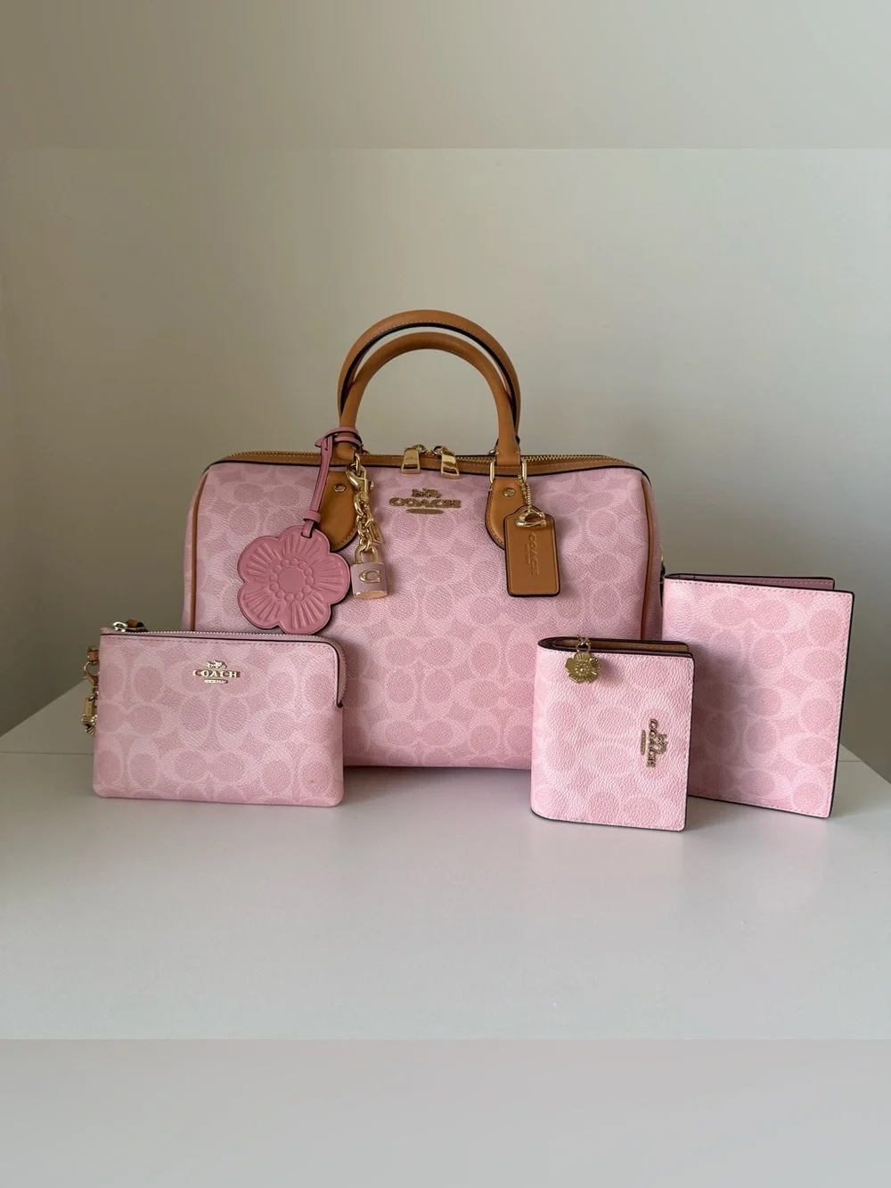 Coach Large Powder Pink Rowan with Matching Pink Wallets and Passport holder - Picture 1 of 15